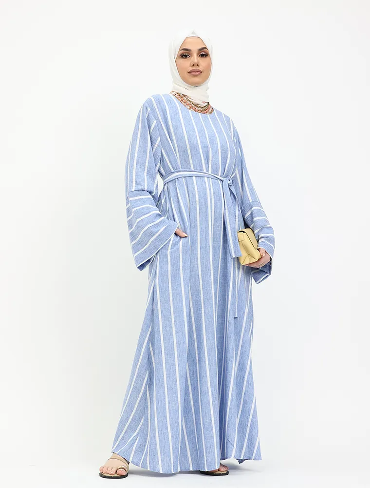 Blue Linen Feel Striped Belted Abaya